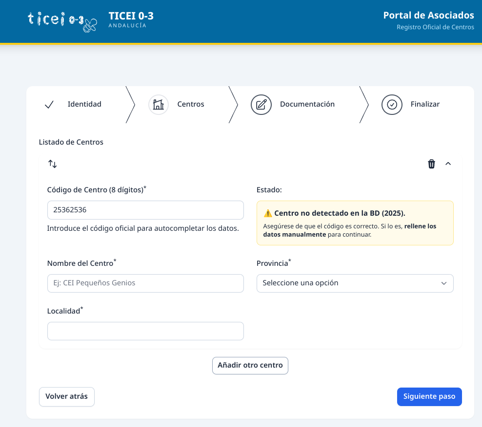 Centro no detectado en BD