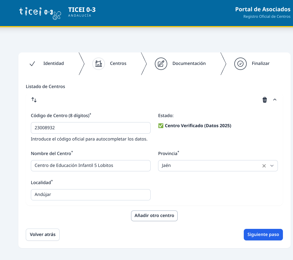 Centro verificado correctamente